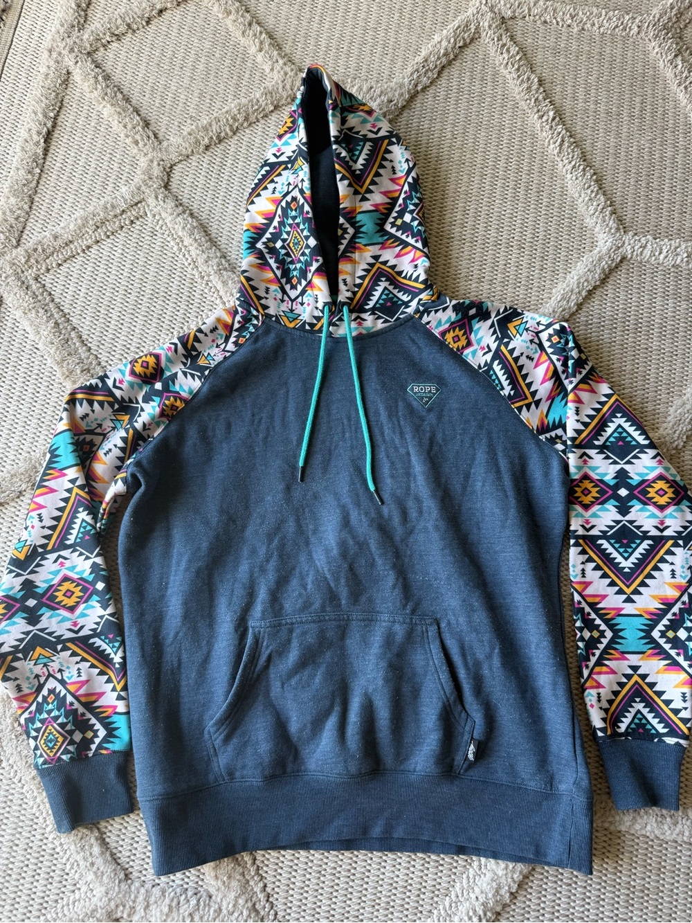 Roper Dark Gray Hoodie with Multicolor Aztec Sleeves